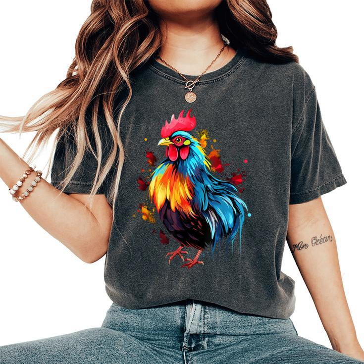 Cool Chicken On Colorful Painted Chicken Women's Oversized Comfort T-Shirt