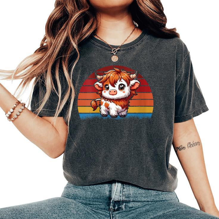 Cute Baby Highland Cow With Vintage Sunset Animal Cow Women Women's Oversized Comfort T-Shirt