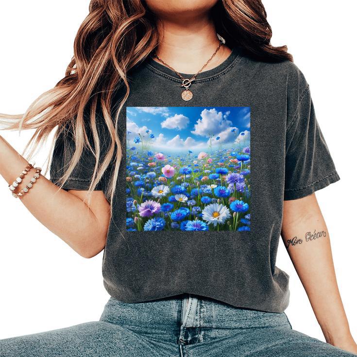 Cute Blue Floral Flowers Blossom Field Women's Oversized Comfort T-Shirt