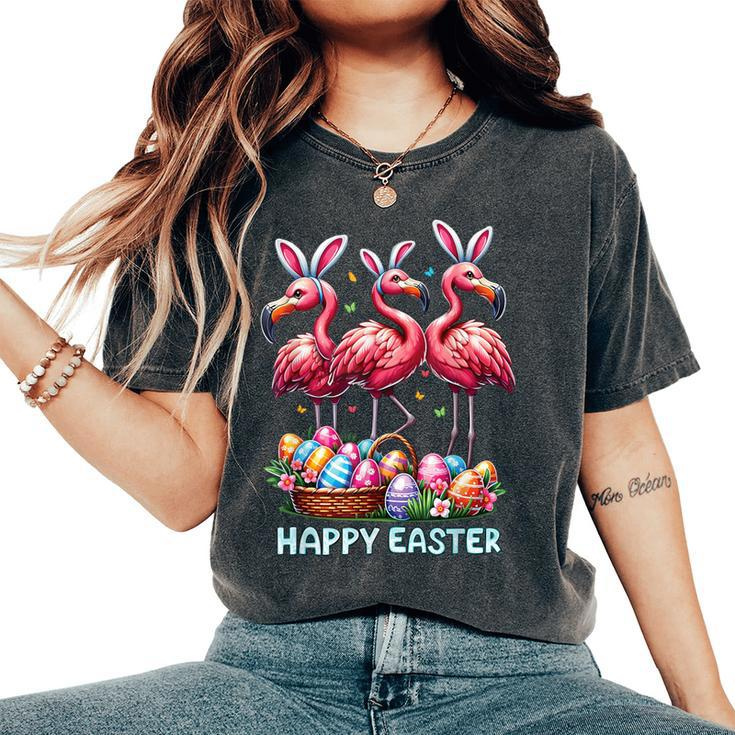 Cute Flamingo With Easter Bunny Egg Basket Happy Easter Women's Oversized Comfort T-Shirt