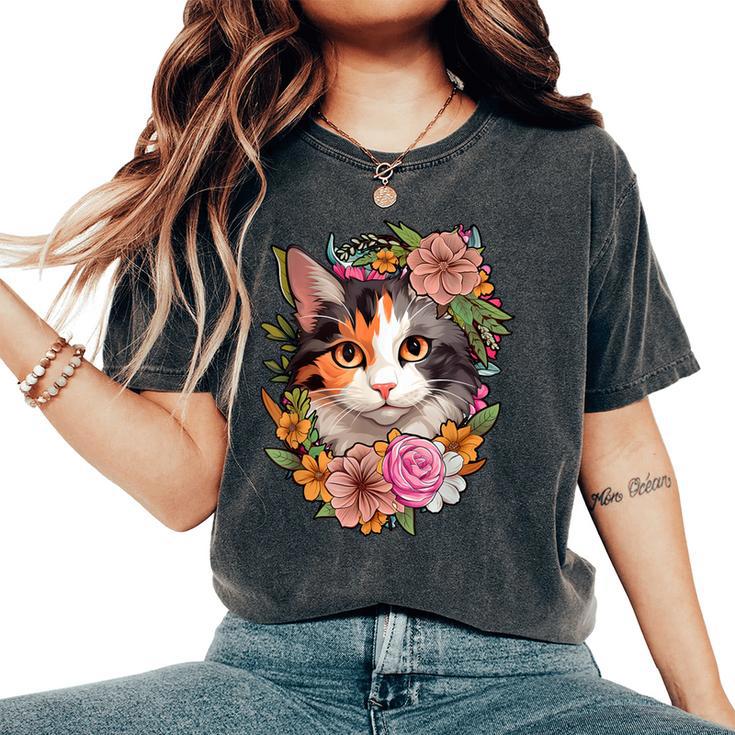 Cute Floral Calico Cat Women's Oversized Comfort T-Shirt