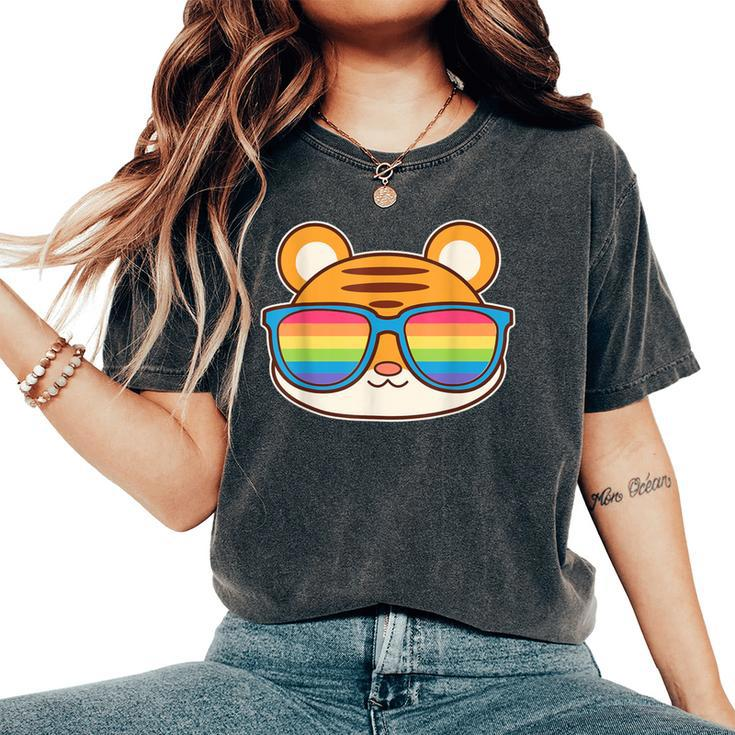 Cute Tiger Pride Flag Rainbow Sunglasses Lgbtq Women's Oversized Comfort T-Shirt