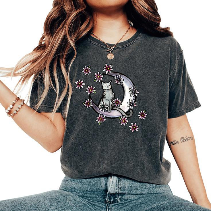 Daisy Flowers Moon Cat Witchy Cats Women's Oversized Comfort T-Shirt