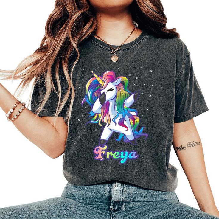 Freya Name Personalized Custom Rainbow Unicorn Dabbing Women's Oversized Comfort T-Shirt