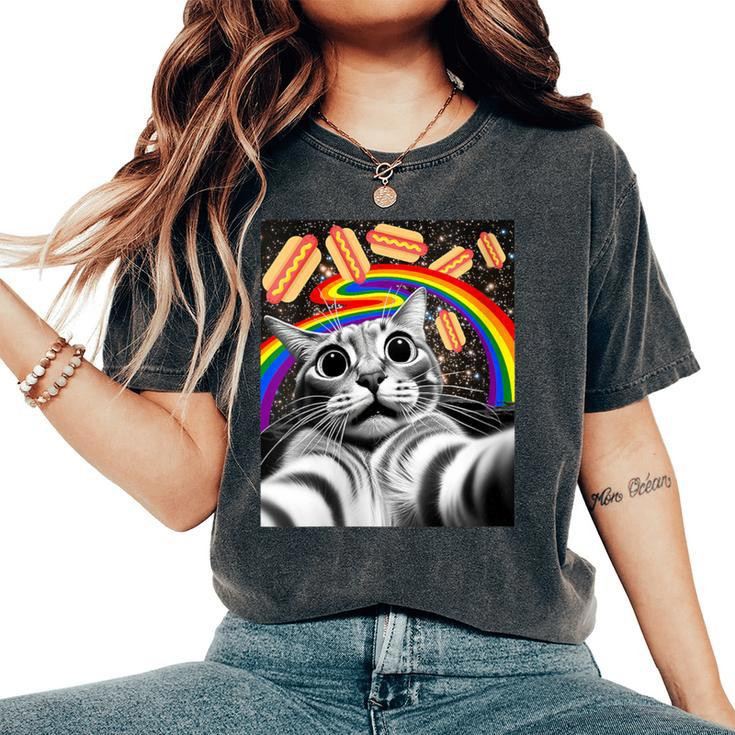 Graphic Rainbow Hotdog Ufos Cosmic Space Selfie Cat Women's Oversized Comfort T-Shirt