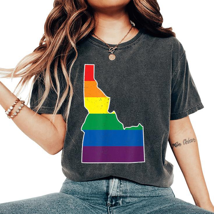 Gay Pride Flag Idaho State Map Rainbow Stripes Women's Oversized Comfort T-Shirt