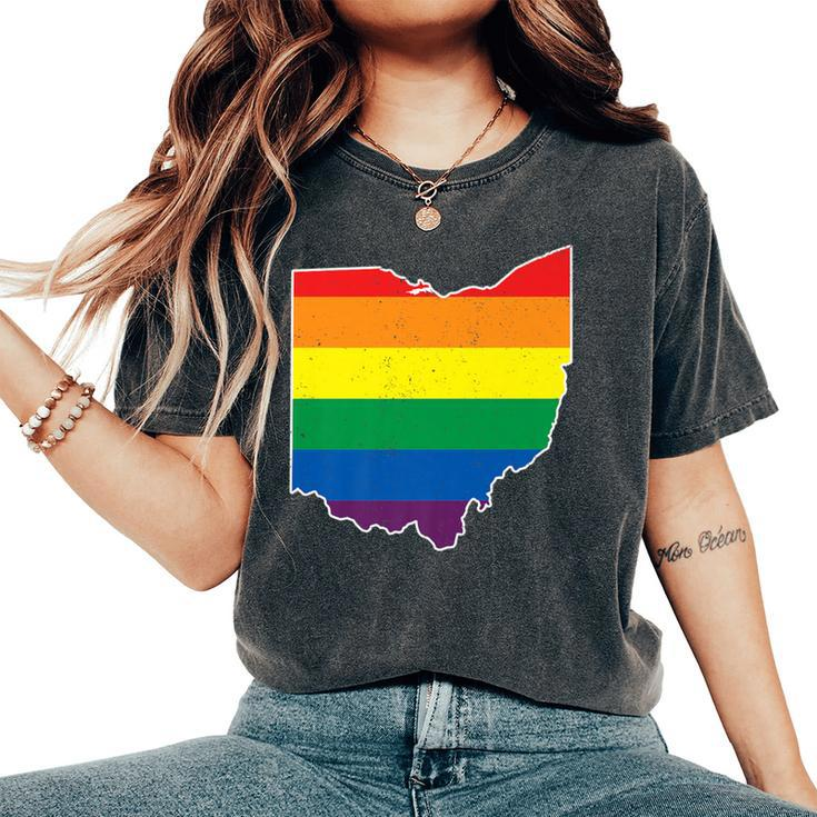 Gay Pride Flag Ohio State Map Rainbow Stripes Women's Oversized Comfort T-Shirt
