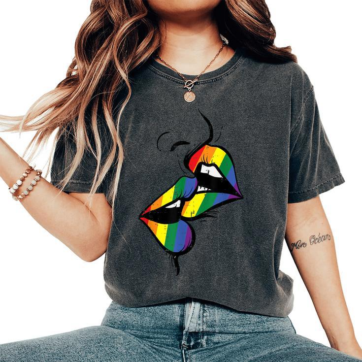 Gay Rainbow Lips Kissing Lgbt Flag Pride Month Women Women's Oversized Comfort T-Shirt