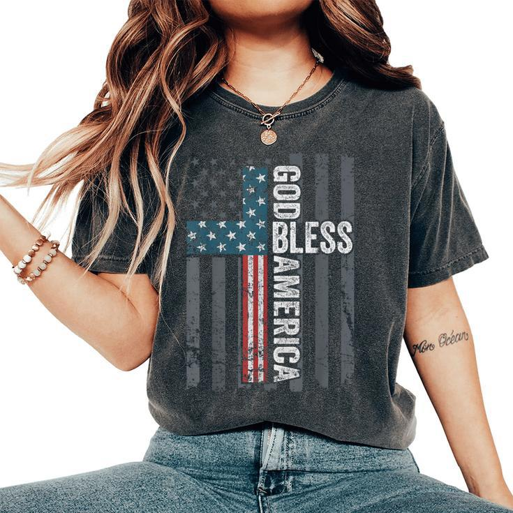 God Bless America Patriotic Christian Cross Usa Flag Women's Oversized Comfort T-Shirt
