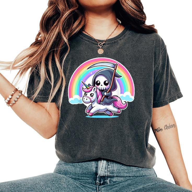 Grim Reaper Riding Unicorn Rainbow Heavy Metal Women's Oversized Comfort T-Shirt