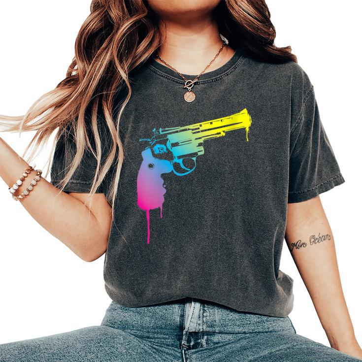 Gun Dripping Rainbow Graffiti Paint Artist Revolver Women's Oversized Comfort T-Shirt