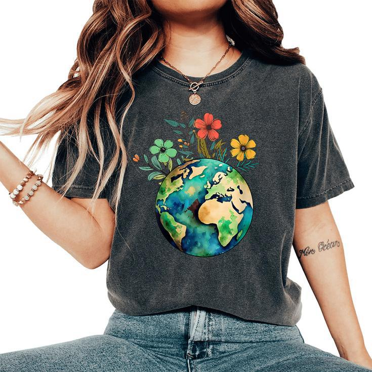 Happy Earth Day Cute Earth With Floral Earth Day 2024 Women's Oversized Comfort T-Shirt