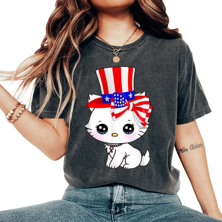 Happy July 4Th Usa Flag Cat Dad-Dy Mom-My Boy Girl Women's Oversized Comfort T-Shirt