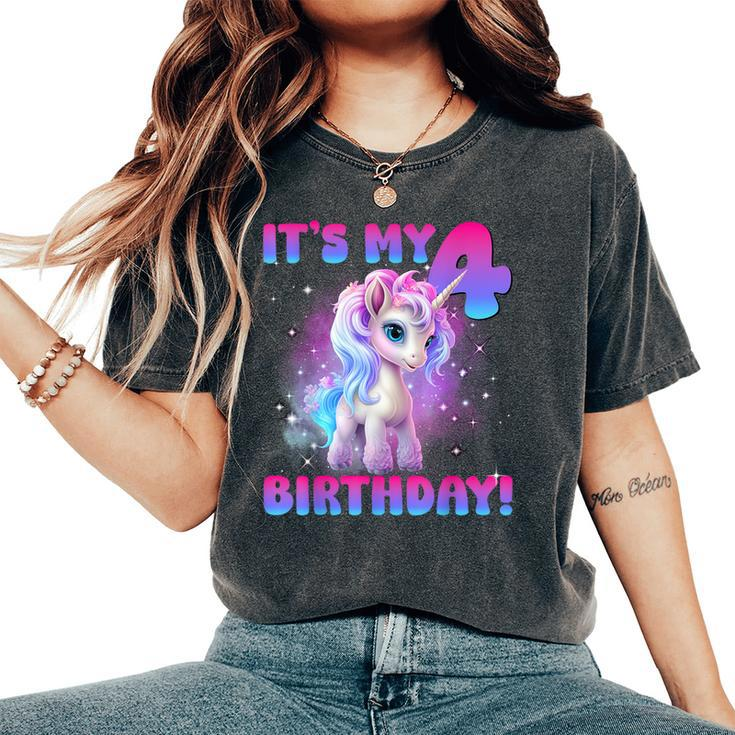 Its My 4Th Birthday Girl Unicorn Family Party Decorations Women's Oversized Comfort T-Shirt
