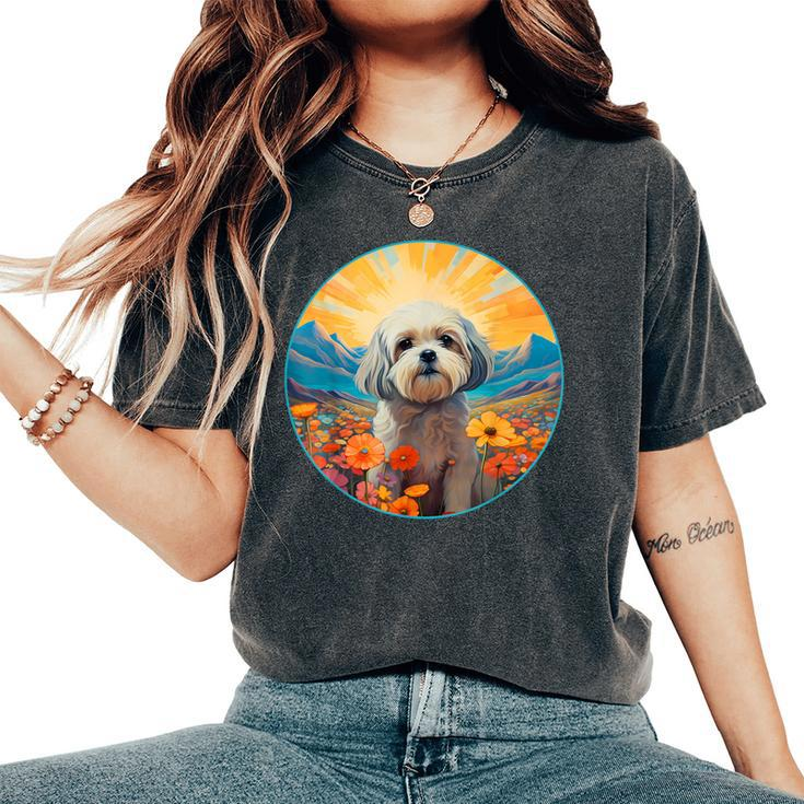 Lhasa Apso Puppy Dog Cute Flower Mountain Sunset Colorful Women's Oversized Comfort T-Shirt