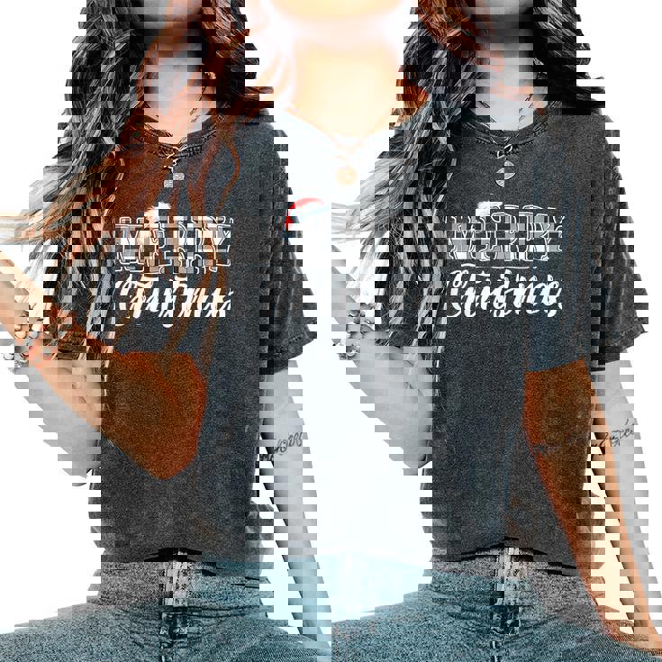 Merry Christmas Buffalo Black And White Plaid For Women Women's Oversized Comfort T-Shirt