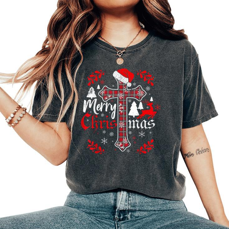 Merry Christmas Christian Cross Buffalo Plaid Pajamas Women's Oversized Comfort T-Shirt