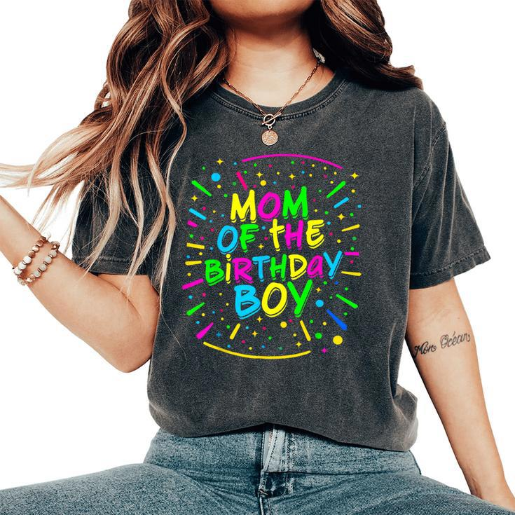Mom Of The Birthday Boy Retro 80'S Party Mom And Dad Family Women's Oversized Comfort T-Shirt