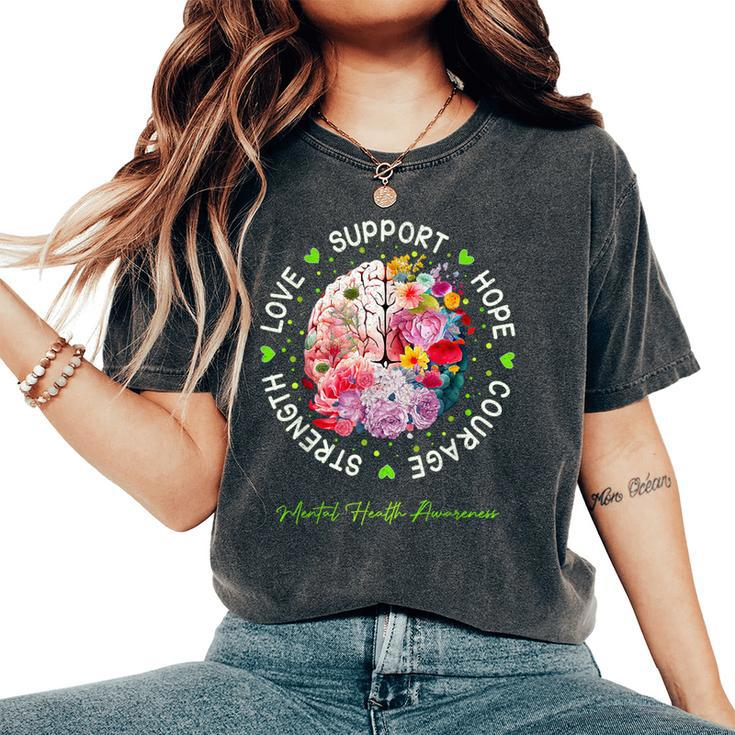 Motivational Support Floral Brain Mental Health Awareness Women's Oversized Comfort T-Shirt