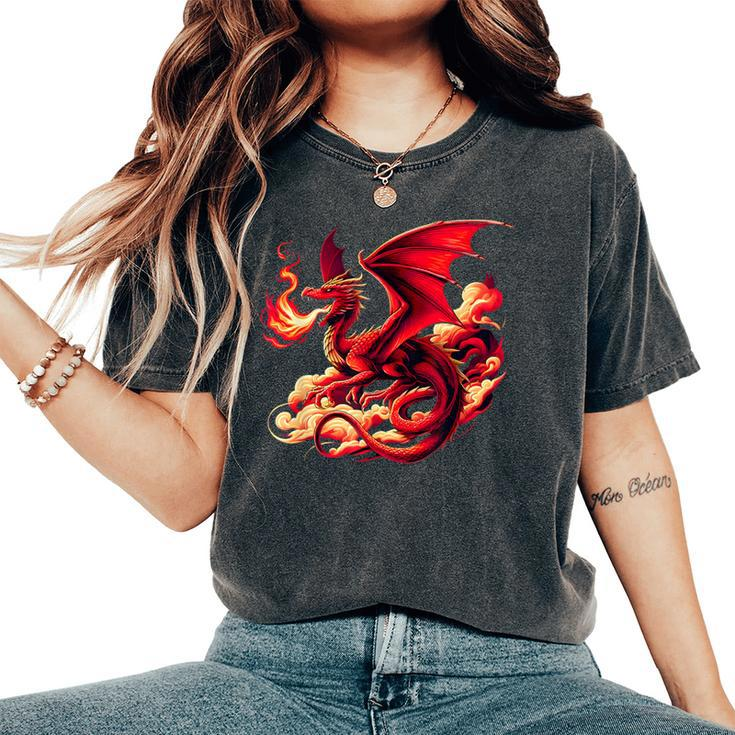 Mythical Red Dragon Breathes Fire On Clouds Boy Girl Dragon Women's Oversized Comfort T-Shirt