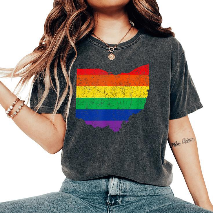 Ohio Map Gay Pride Rainbow Flag Lgbt Support Women's Oversized Comfort T-Shirt