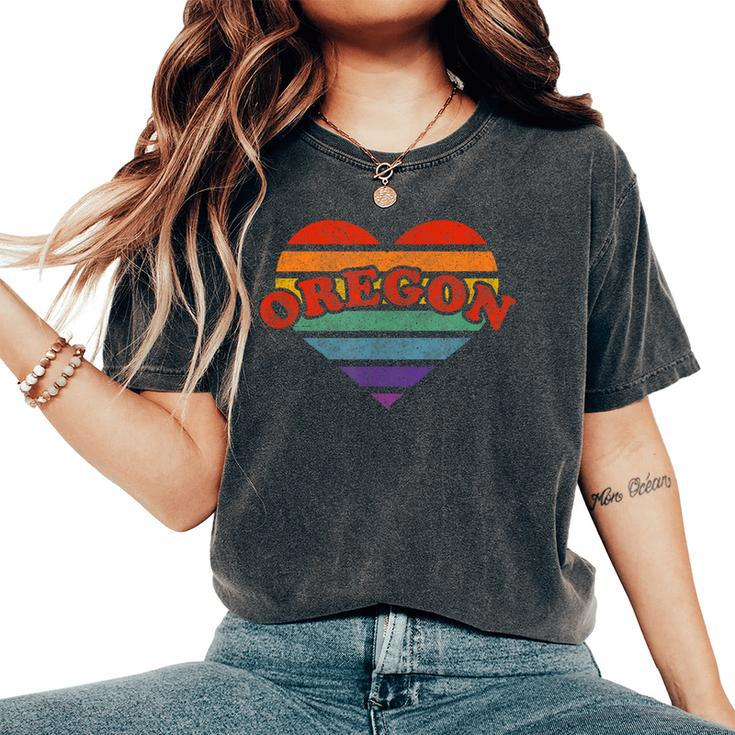 Oregon Retro Rainbow Heart 80S Whimsy Lgbtq Pride Stat Women's Oversized Comfort T-Shirt