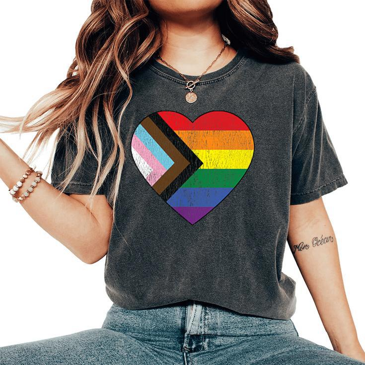 Progress Pride Flag Vintage Rainbow Heart Love Lgbt Pocket Women's Oversized Comfort T-Shirt