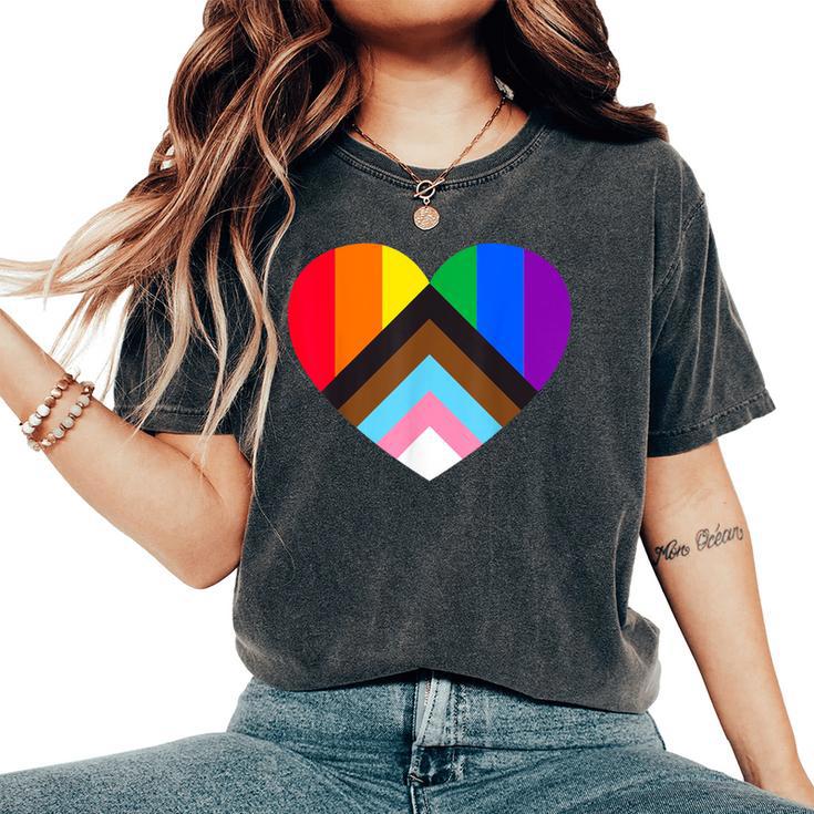 Progress Pride Rainbow Heart Lgbtq Gay Lesbian Trans Women's Oversized Comfort T-Shirt