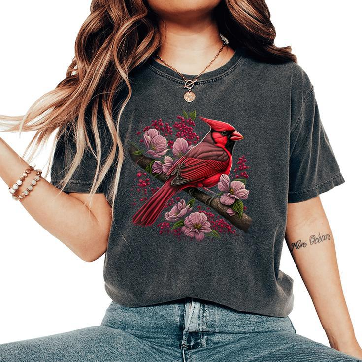 Red Cardinal Bird And Pink Flowering Dogwood Blossoms Women's Oversized Comfort T-Shirt