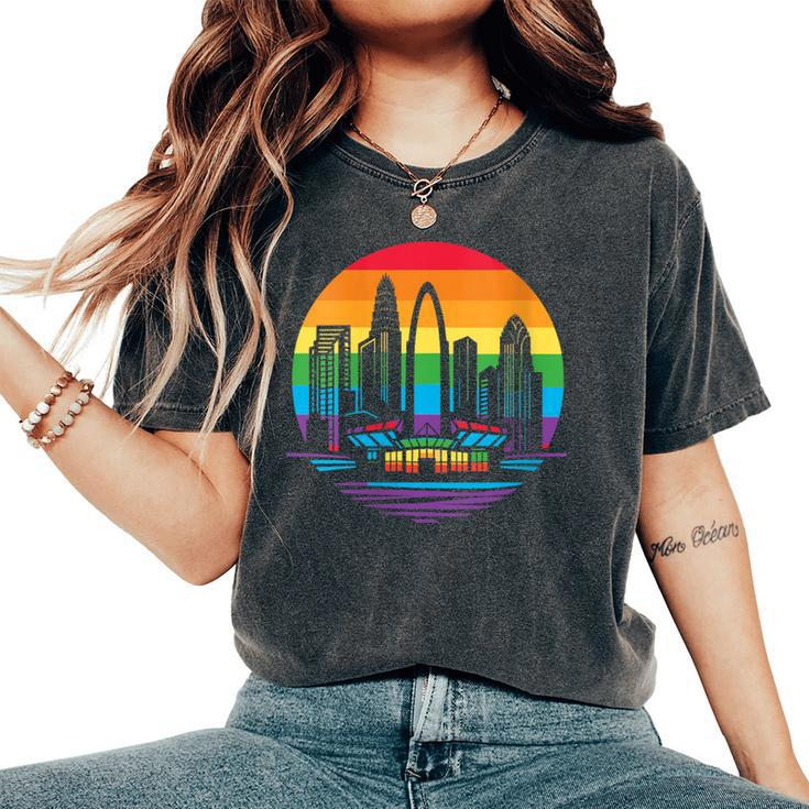 Retro Lgbt Rainbow Charlotte Skyline Lesbian Gay Pride Women's Oversized Comfort T-Shirt