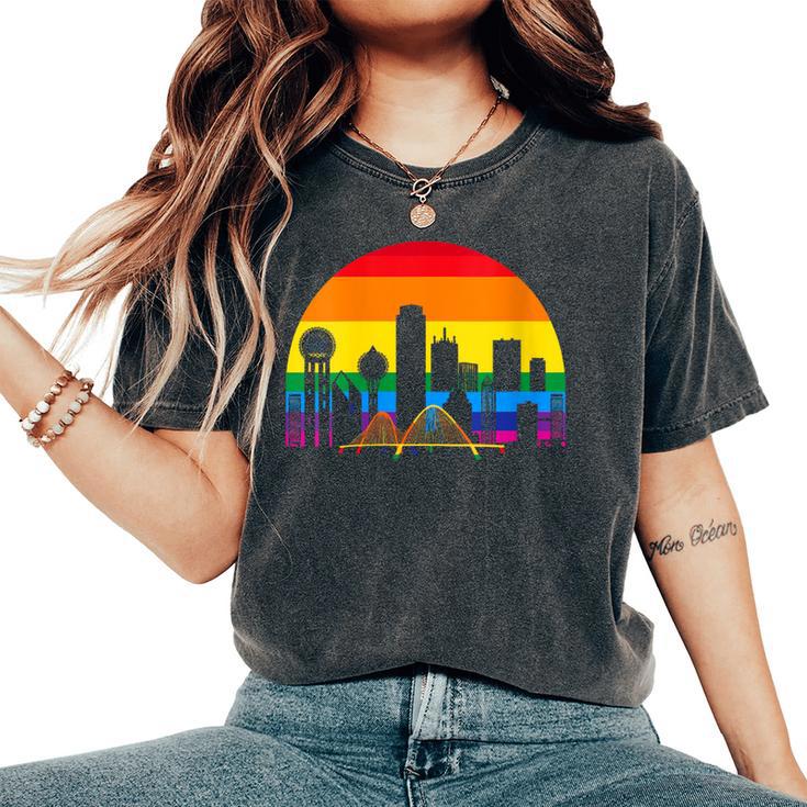 Retro Lgbt Rainbow Dallas Skyline Lesbian Gay Pride Women's Oversized Comfort T-Shirt