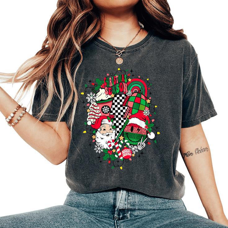 Retro Vintage Groovy Merry Christmas With Santa Claus Women's Oversized Comfort T-Shirt