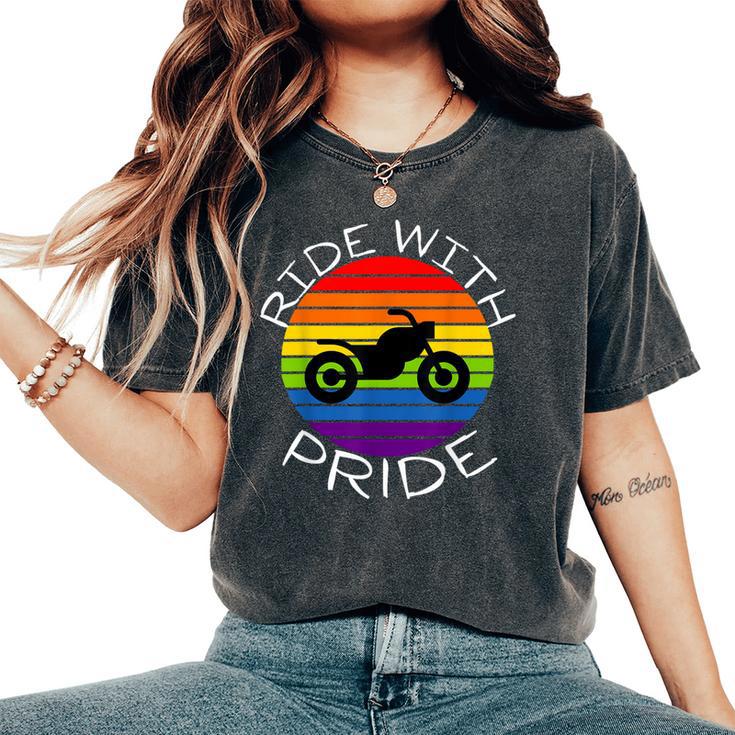 Ride With Pride Gay Bikers Lgbt Month Vintage Retro Rainbow Women's Oversized Comfort T-Shirt