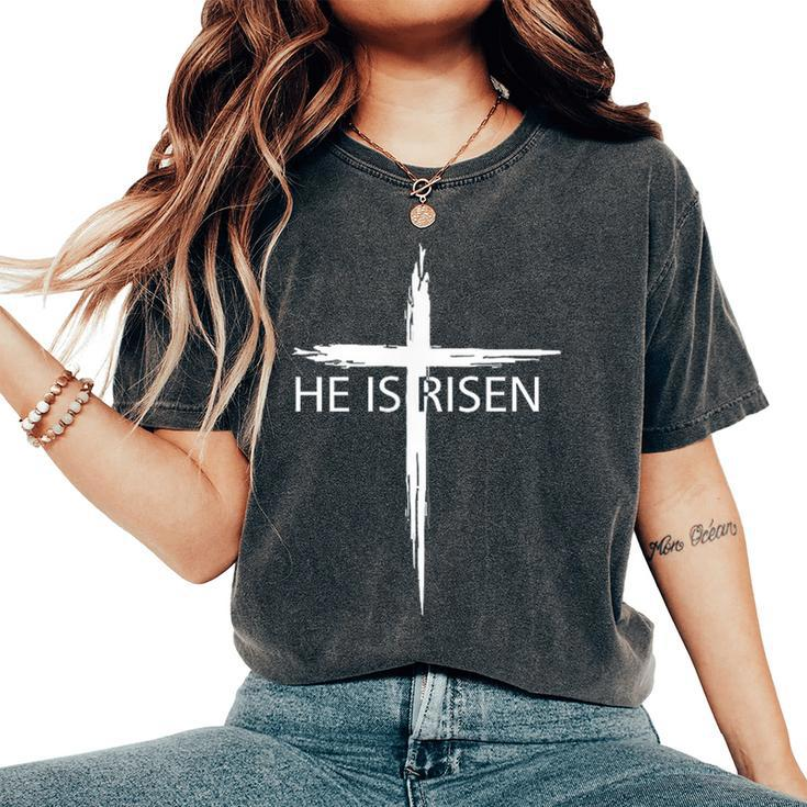 He Is Risen Pocket Christian Easter Jesus Religious Cross Women's Oversized Comfort T-Shirt