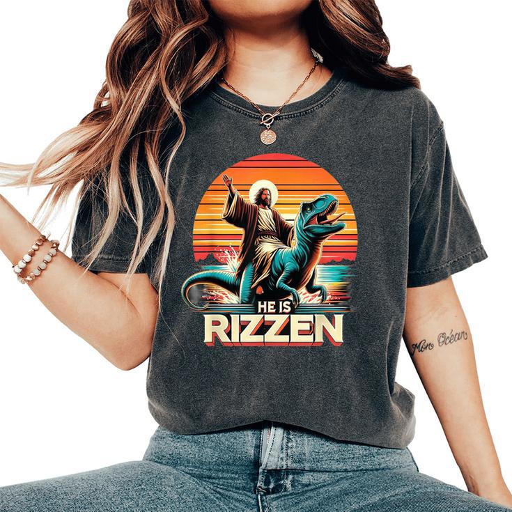 He Is Rizzen Jesus Retro Christian Dinosaur Women's Oversized Comfort T-Shirt