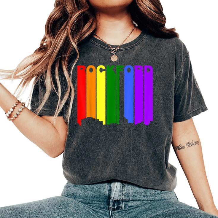 Rockford Illinois Lgbtq Gay Pride Rainbow Skyline Women's Oversized Comfort T-Shirt