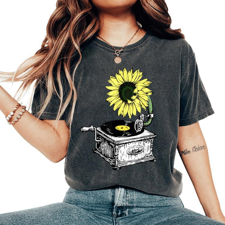 Sunflower Retro Vintage Classic Vinyl Record Player Women's Oversized Comfort T-Shirt