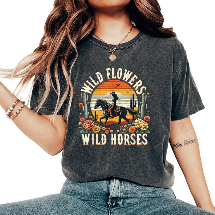 Sunset Cowgirl Riding Horse Wild Flowers Wild Horses Women's Oversized Comfort T-Shirt