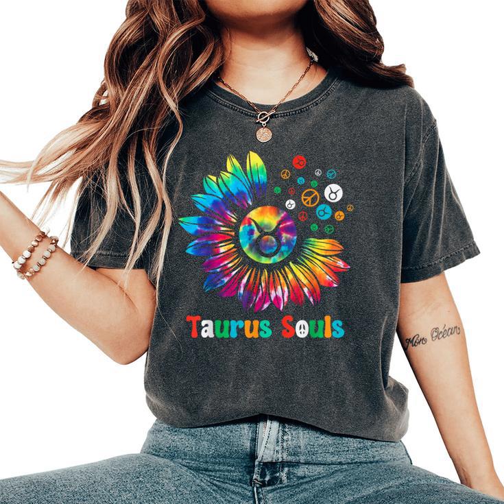 Taurus Souls Zodiac Tie Dye Sunflower Peace Sign Groovy Women's Oversized Comfort T-Shirt