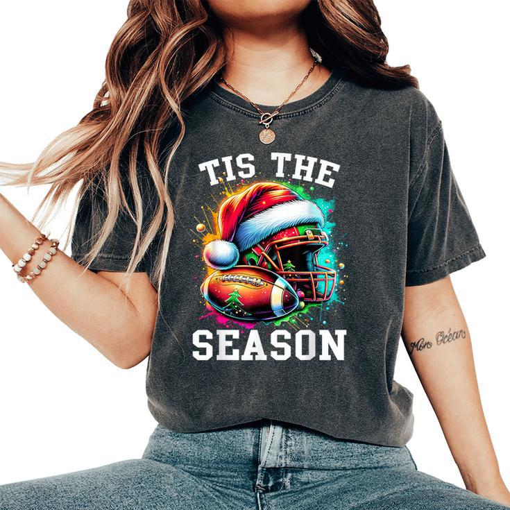 Tis The Season Football Mom Christmas Santa Hat Colorful Women's Oversized Comfort T-Shirt