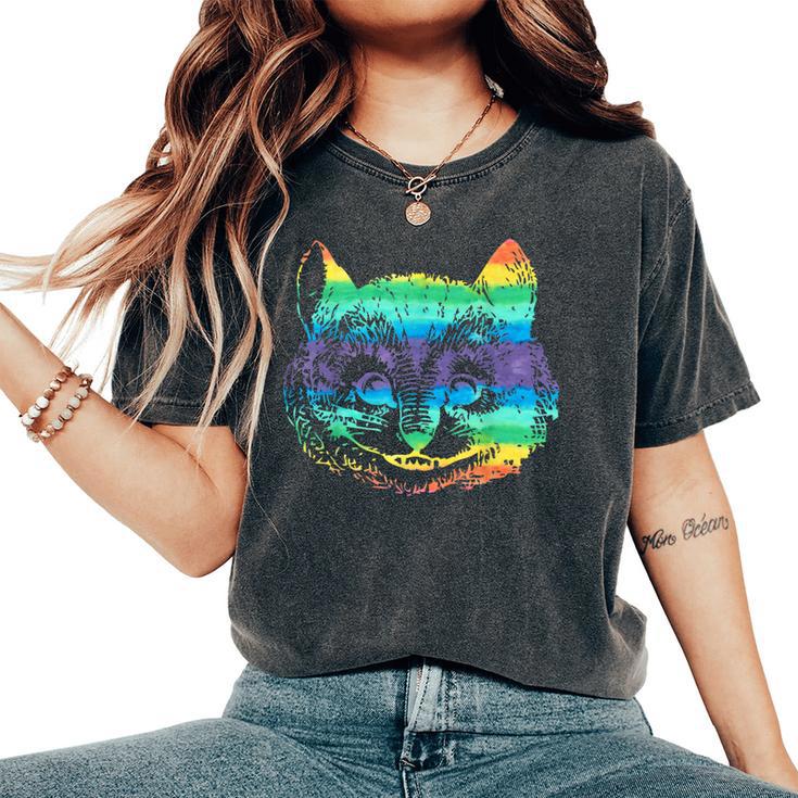 Vintage Rainbow Hippie Cute Cheshire Cat Head Kitty T Women's Oversized Comfort T-Shirt