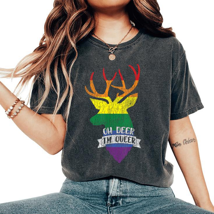 Vintage Rainbow Oh Deer I'm Queer Pride Lesbian Gay Lgbtq Women's Oversized Comfort T-Shirt
