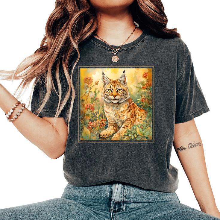 Bobcat Garden Flowers Painting Pet Mom Dad Women's Oversized Comfort T-Shirt