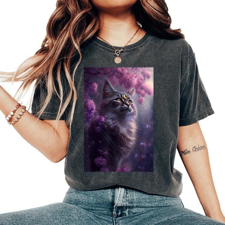 Boho Black Cat Retro Witchy Crescent Moon Purple Lavender Women's Oversized Comfort T-Shirt