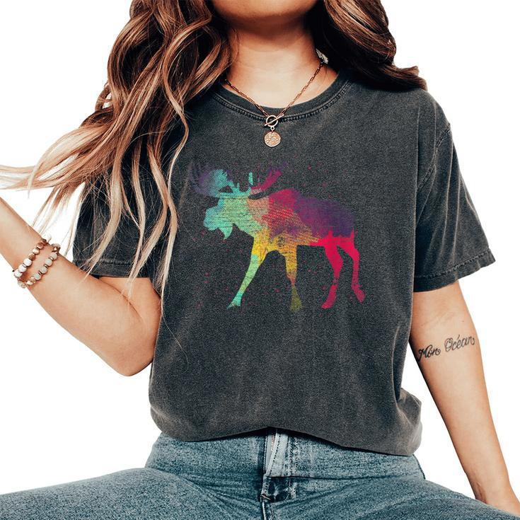 Canadian Wildlife Animal Alaska Elk Antlers Colorful Moose Women's Oversized Comfort T-Shirt
