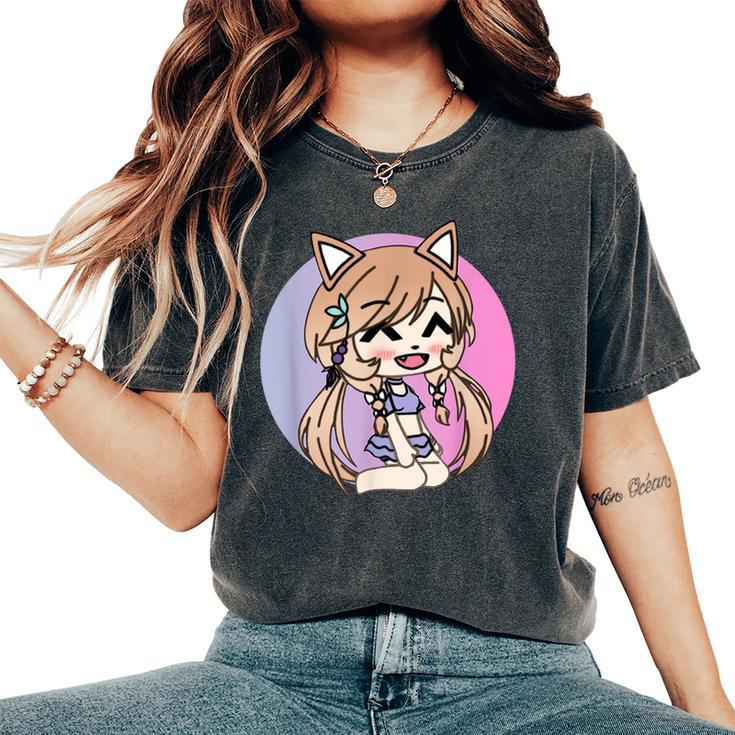 Cute Chibi Style Kawaii Anime Kitty Girl Chan With Cat Ears Women's Oversized Comfort T-Shirt