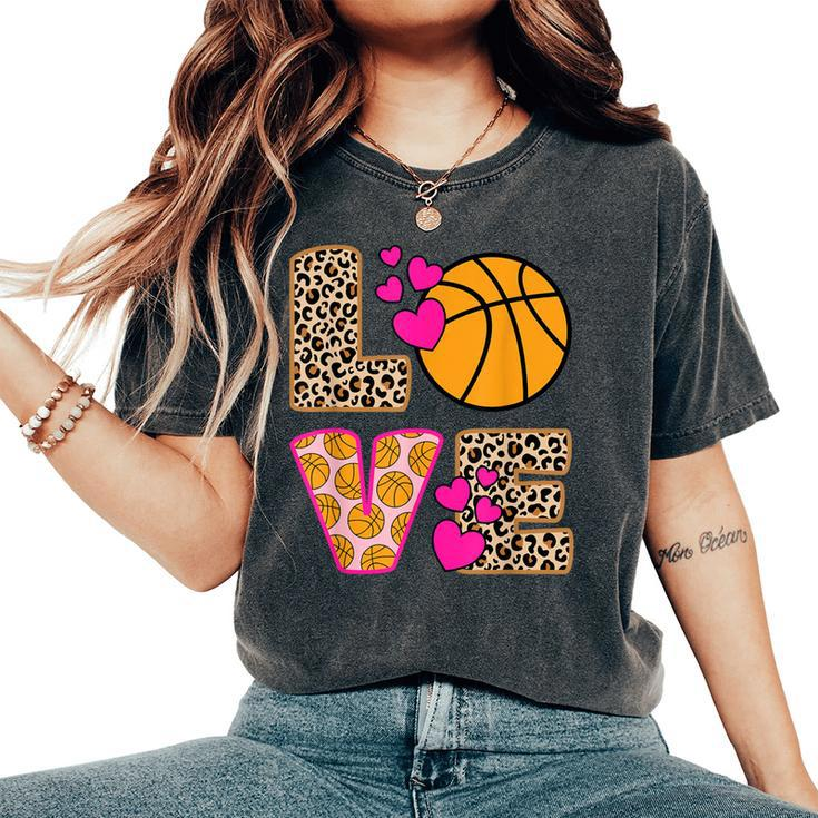 Cute Love Basketball Leopard Print Girls Basketball Women's Oversized Comfort T-Shirt
