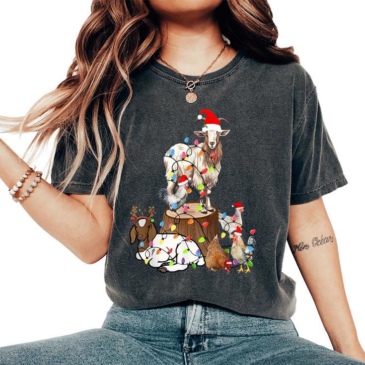 Goat Chicken Santa Hat Reindeer Christmas Lights Farm Animal Women's Oversized Comfort T-Shirt