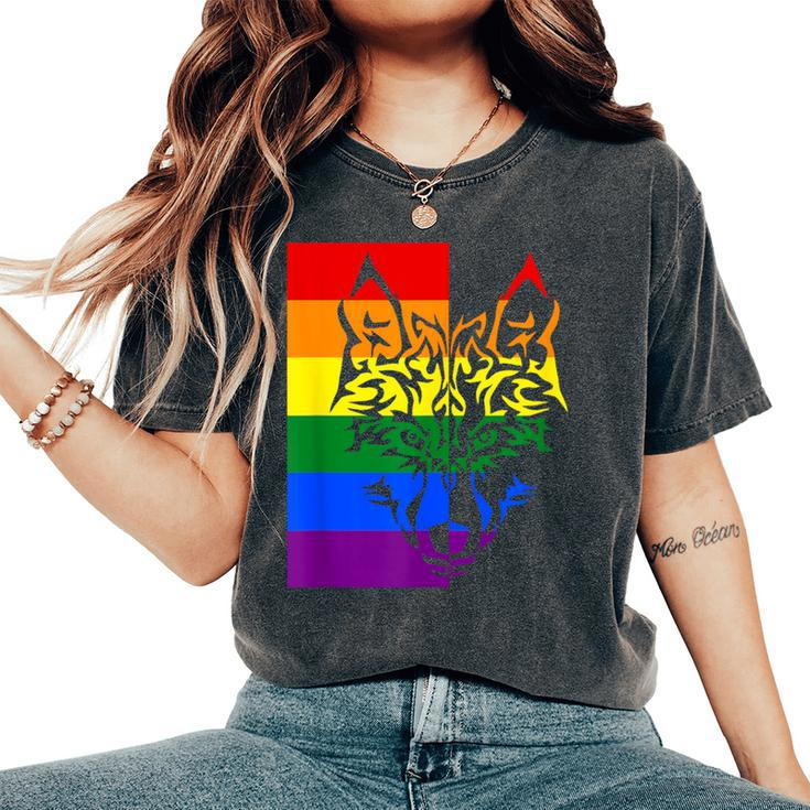Lgbtq Rainbow Flag Tribal Wolf Pride Month Equal Women's Oversized Comfort T-Shirt
