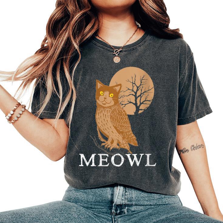 Meowl Cat Owl With Tree And Full Moon Women's Oversized Comfort T-Shirt